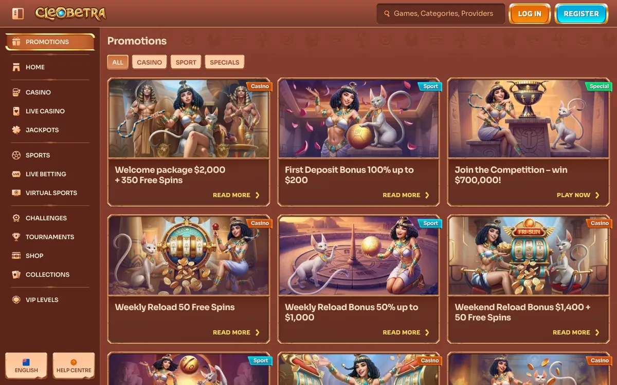 Cleobetra Casino — «Акции», снято из страны Новая Зеландия