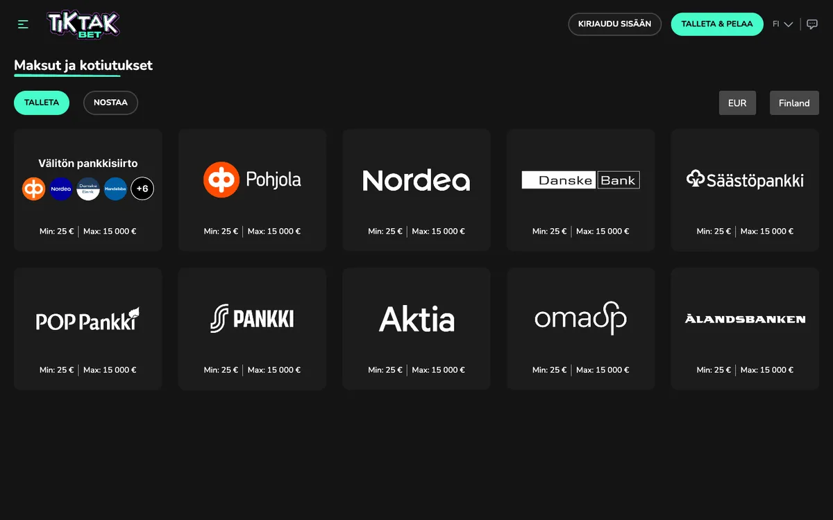 TikTak Bet Casino — Payments, captured from Finland