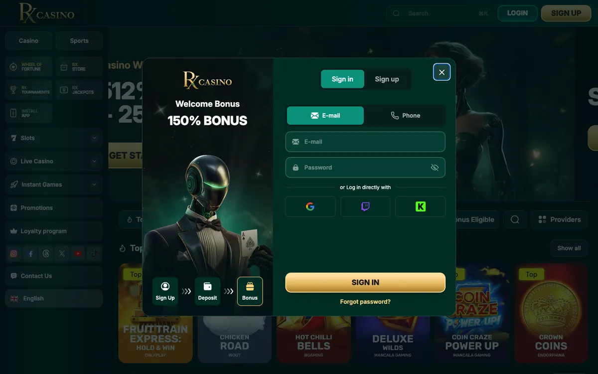 RX Casino — Sign-up, captured from Singapore