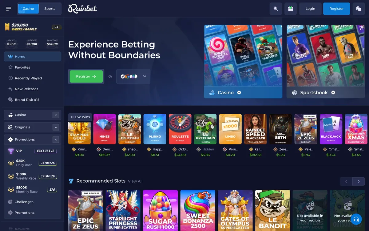 Rainbet Casino — Home page, captured from Canada