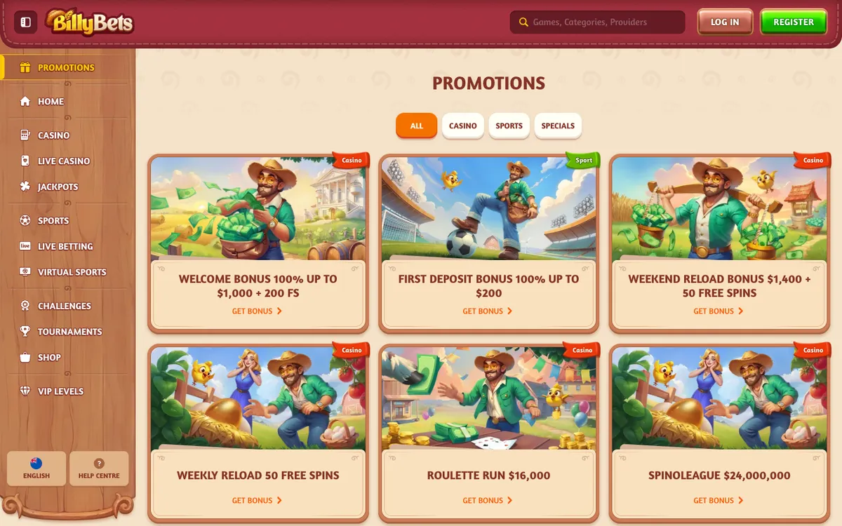 BillyBets Casino — Promotions, captured from New Zealand