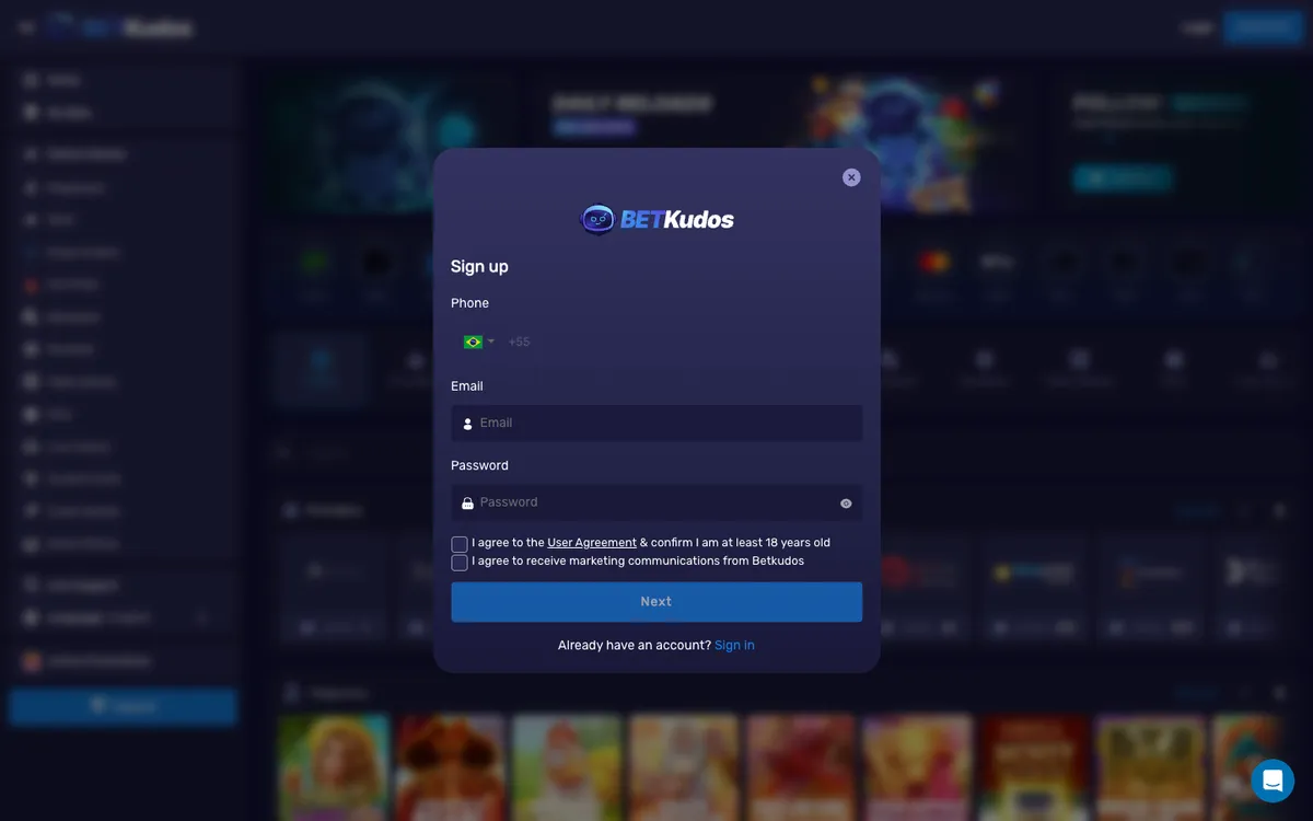 BetKudos Casino — Sign-up, captured from Brazil