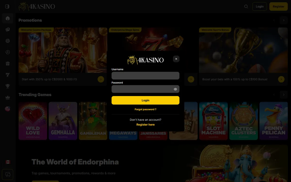 4Kasino Casino — Sign-up, captured from Canada