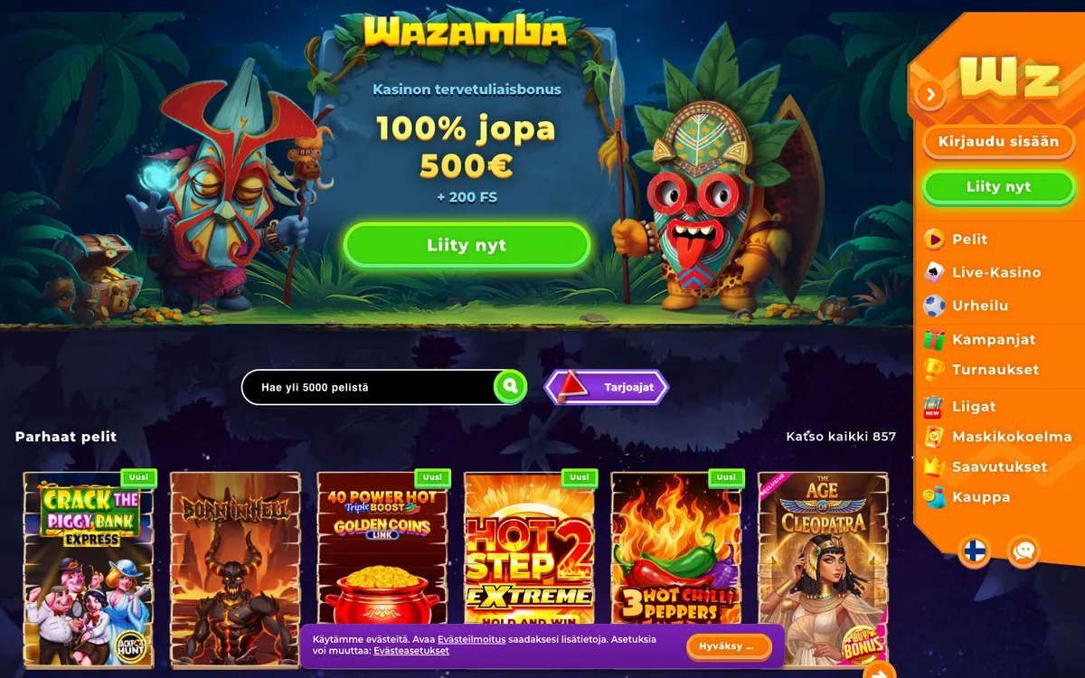 Wazamba Casino — Home page, captured from Finland