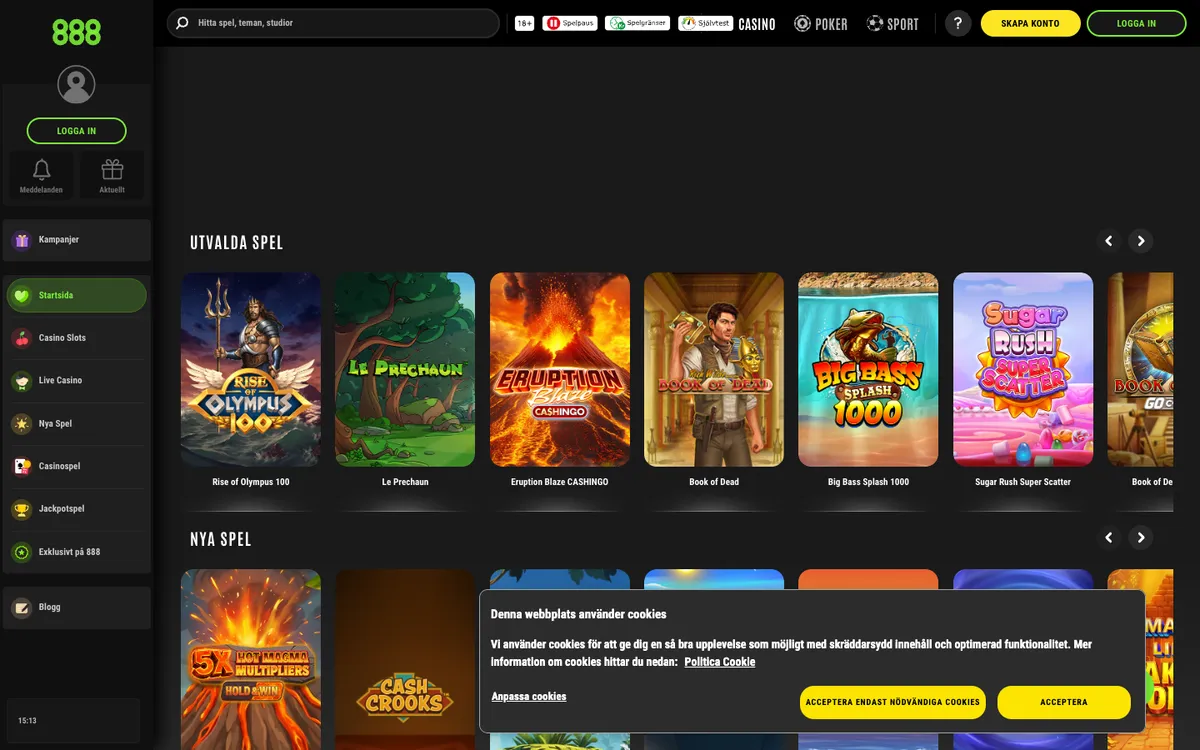 888.se Casino — «Главная», снято из страны Швеция