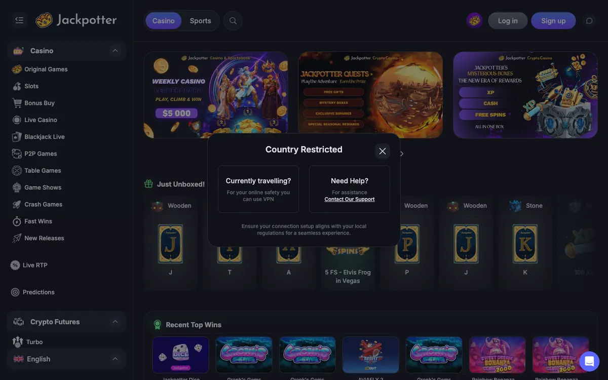 Jackpotter Casino — «Главная», снято из страны Великобритания