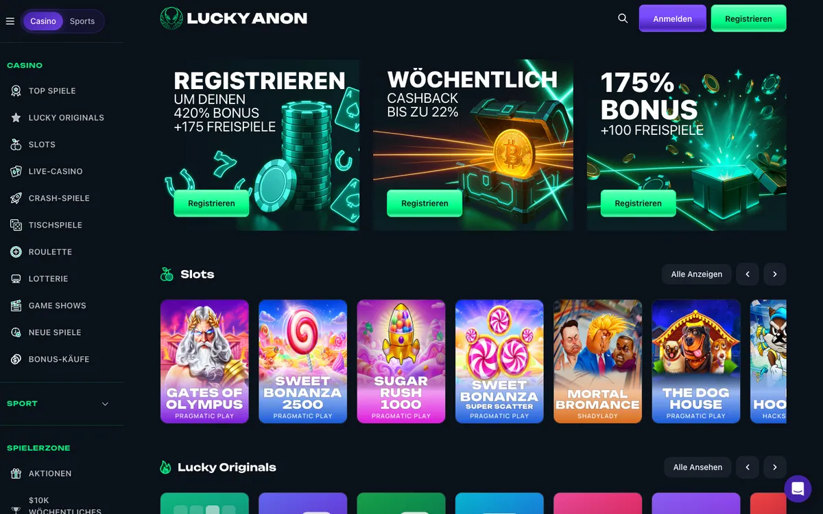Lucky Anon Casino — Home page, captured from Austria