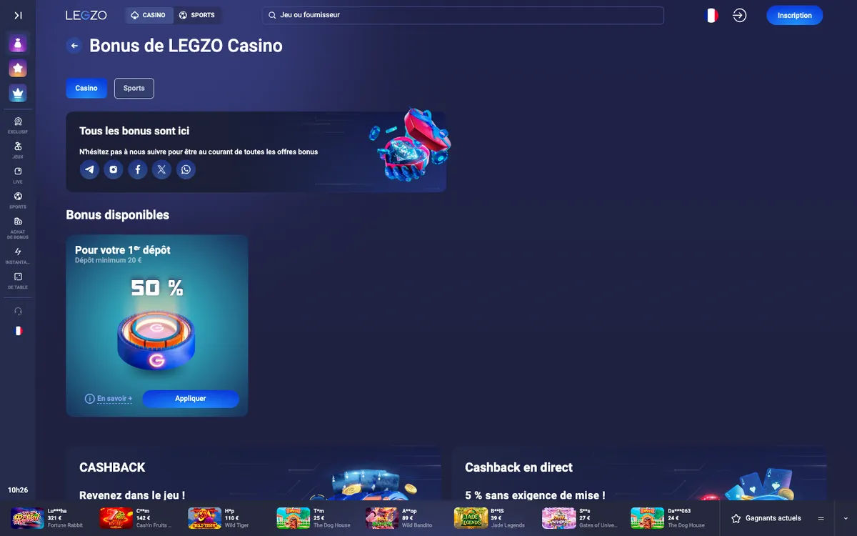 Legzo Casino — Promotions, captured from France