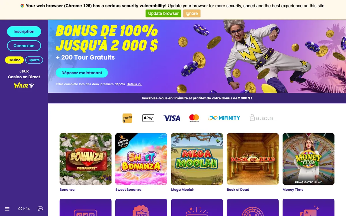 Wildz Casino — Home page, captured from Canada