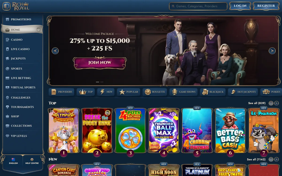 Rich Royal Casino — Home page, captured from New Zealand