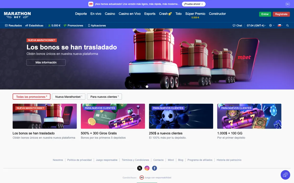 Marathonbet Casino — Promotions, captured from Chile