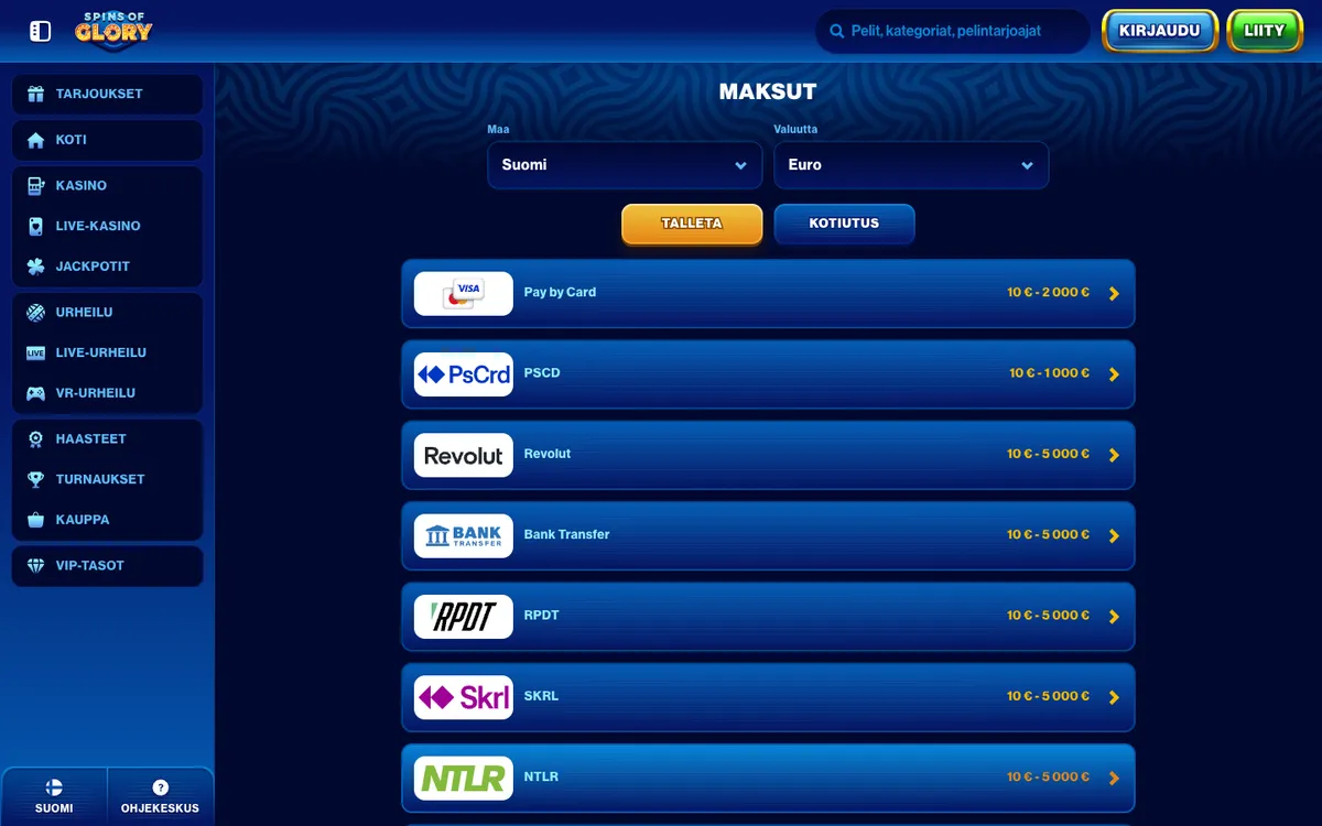 Spins of Glory Casino — «Платежи», снято из страны Финляндия