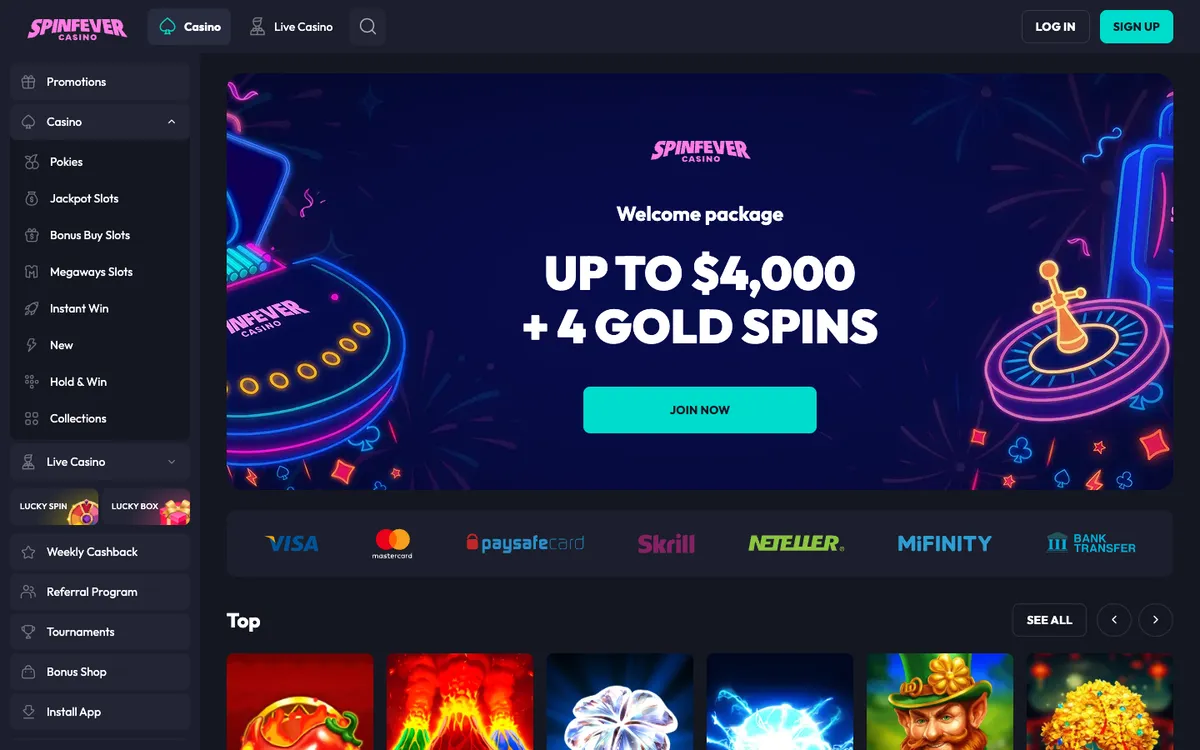 SpinFever Casino — «Главная», снято из страны Австралия