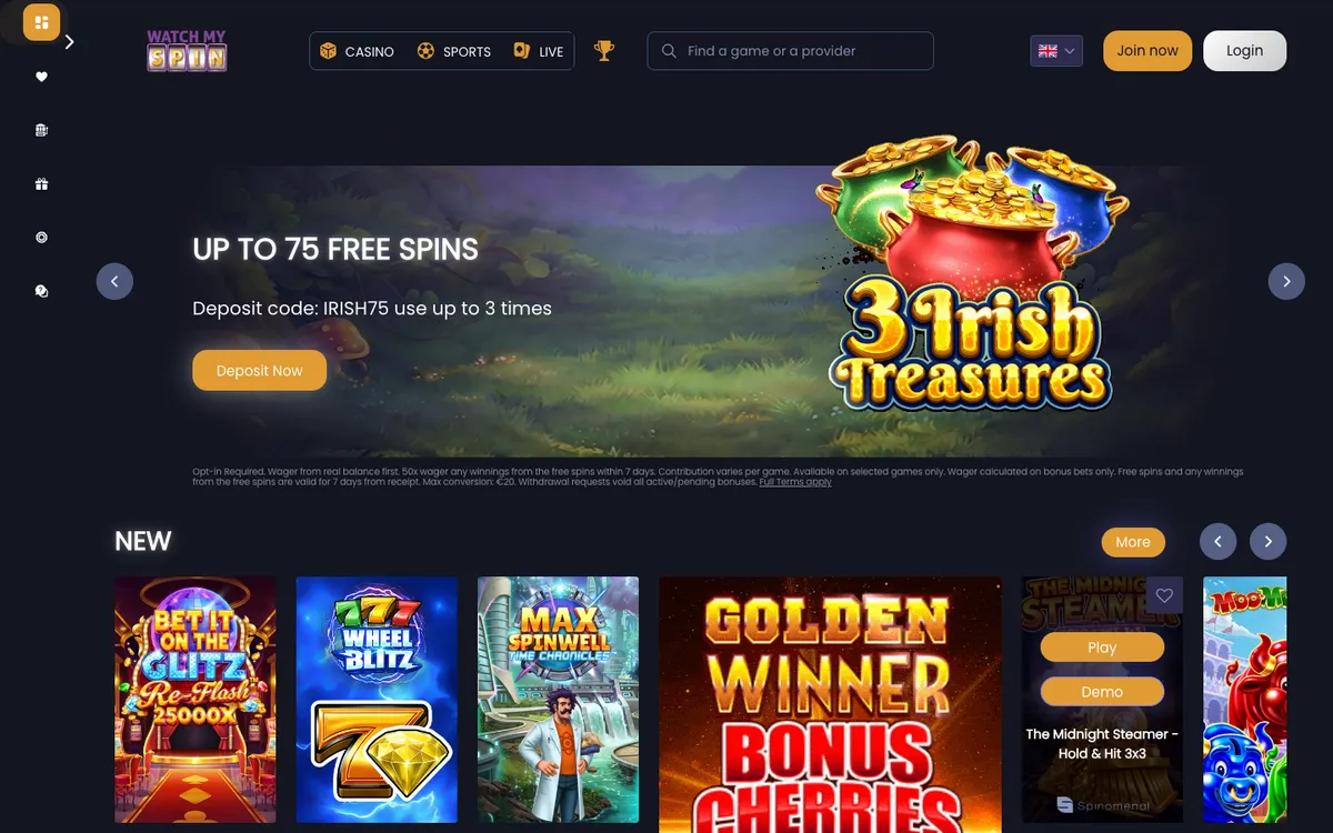 Watchmyspin Casino — Home page, captured from Portugal