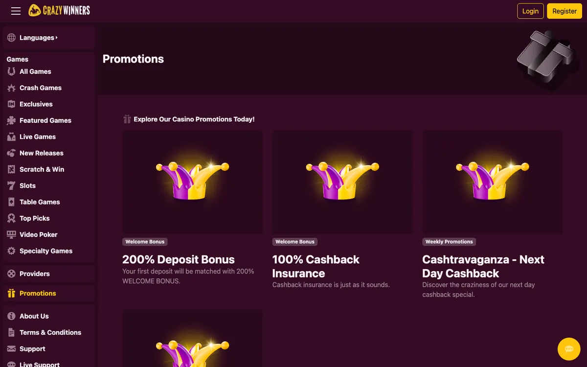 CrazyWinners Casino — «Акции», снято из страны Бельгия