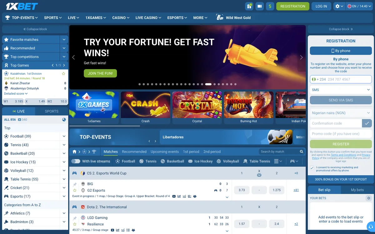1xBet Casino — «Главная», снято из страны Нигерия