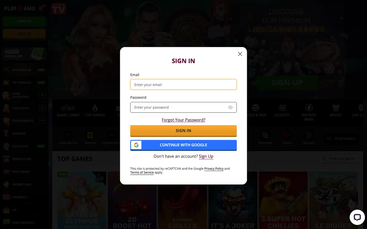 Playamo Casino — Sign-up, captured from Canada