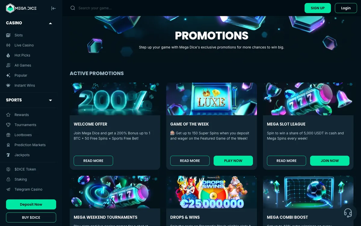 Mega Dice Casino — Promotions, captured from Belgium