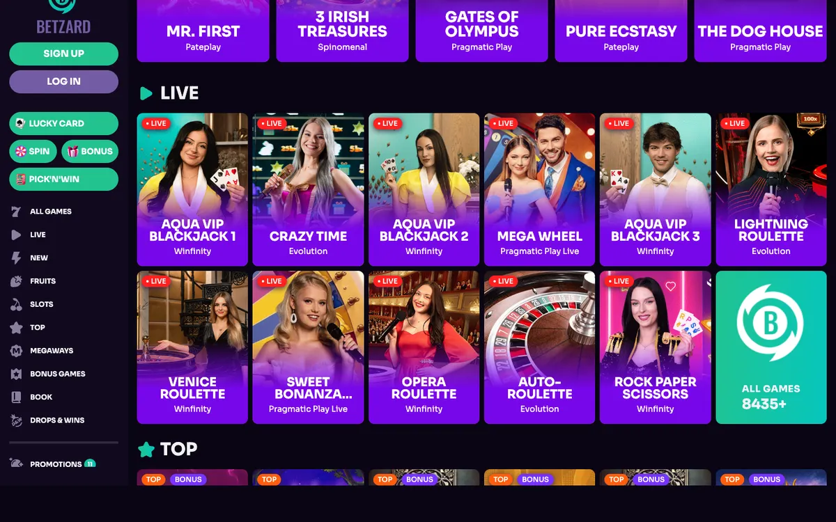 Betzard Casino — Home page, captured from Austria