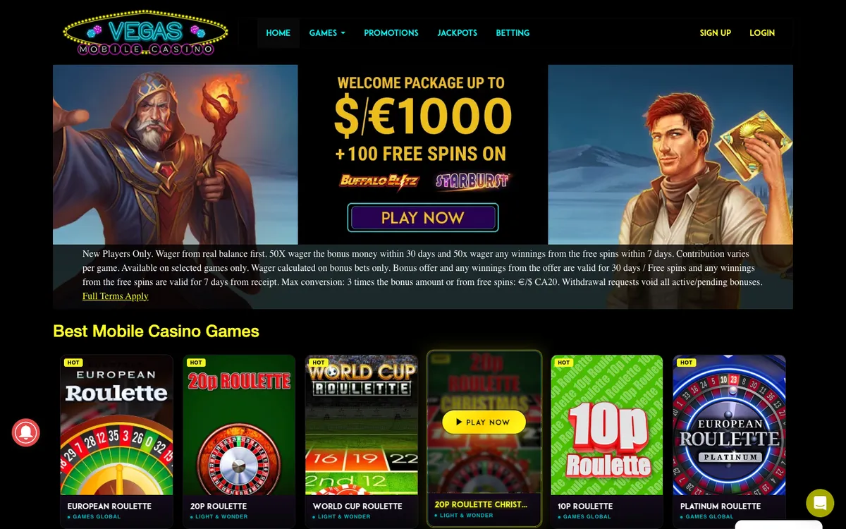 Vegas Mobile Casino — Home page, captured from Belgium