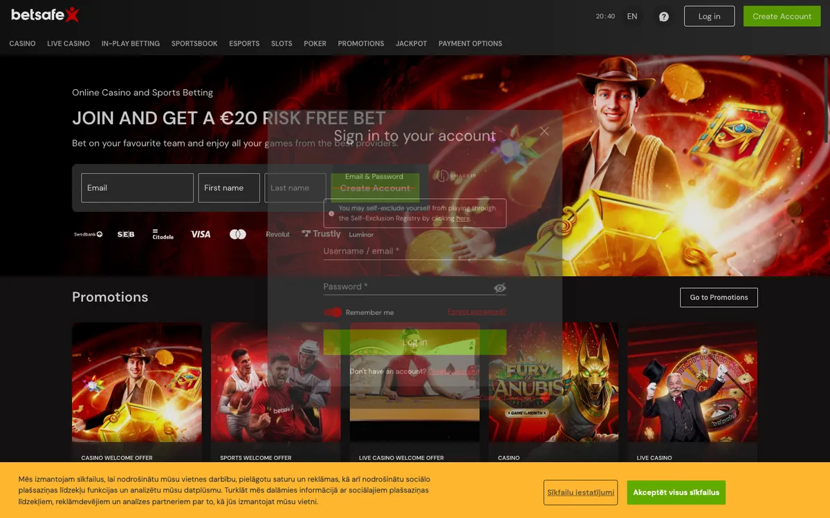 Betsafe Casino — Sign-up, captured from Latvia