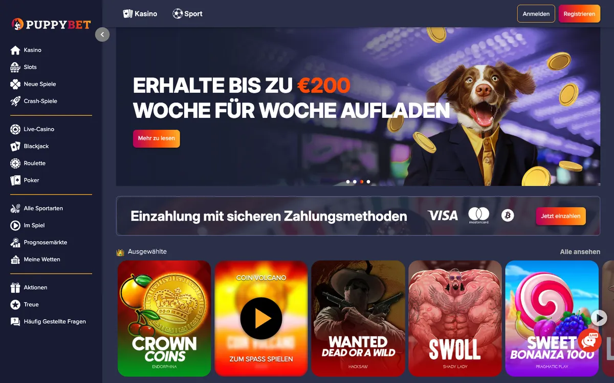 PuppyBet Casino — Home page, captured from Austria
