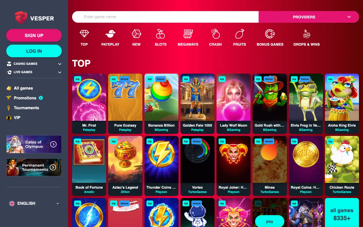 Vesper Casino — Home page, captured from Australia