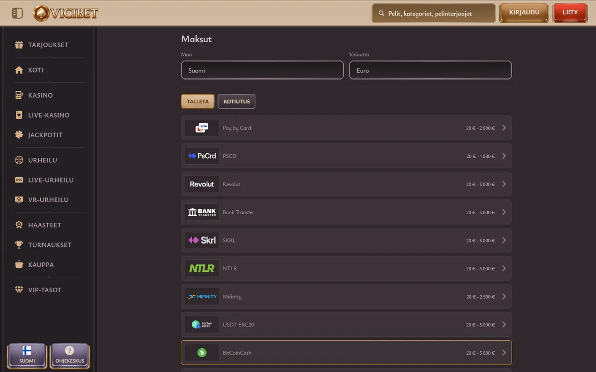 ViciBet Casino — Payments, captured from Finland