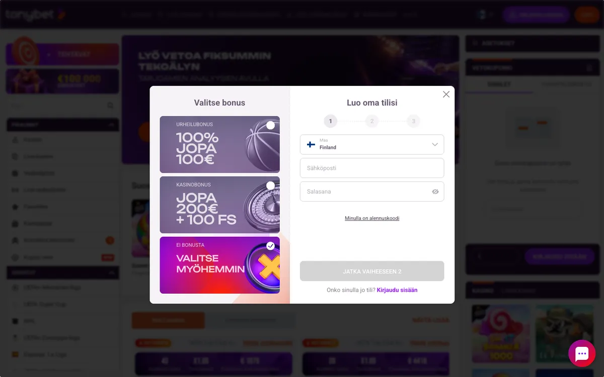 TonyBet Casino — Home page, captured from Finland