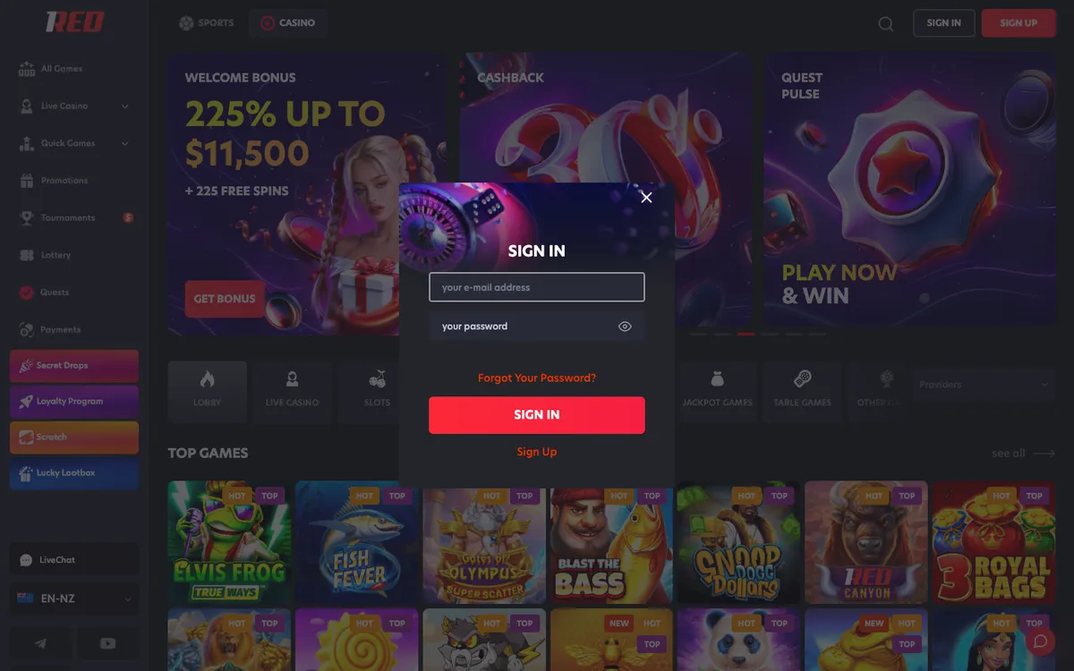 1Red Casino — «Регистрация», снято из страны Новая Зеландия