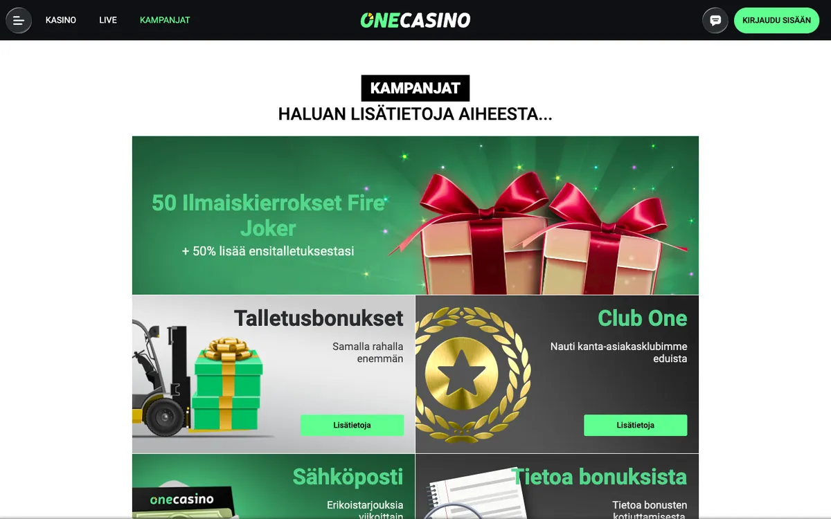 One Casino — Promotions, captured from Finland