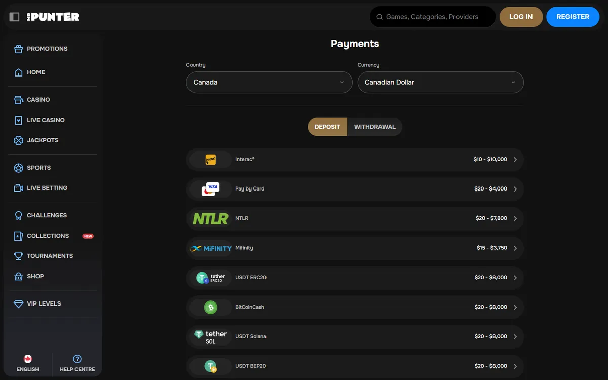 MrPunter Casino — Payments, captured from Canada