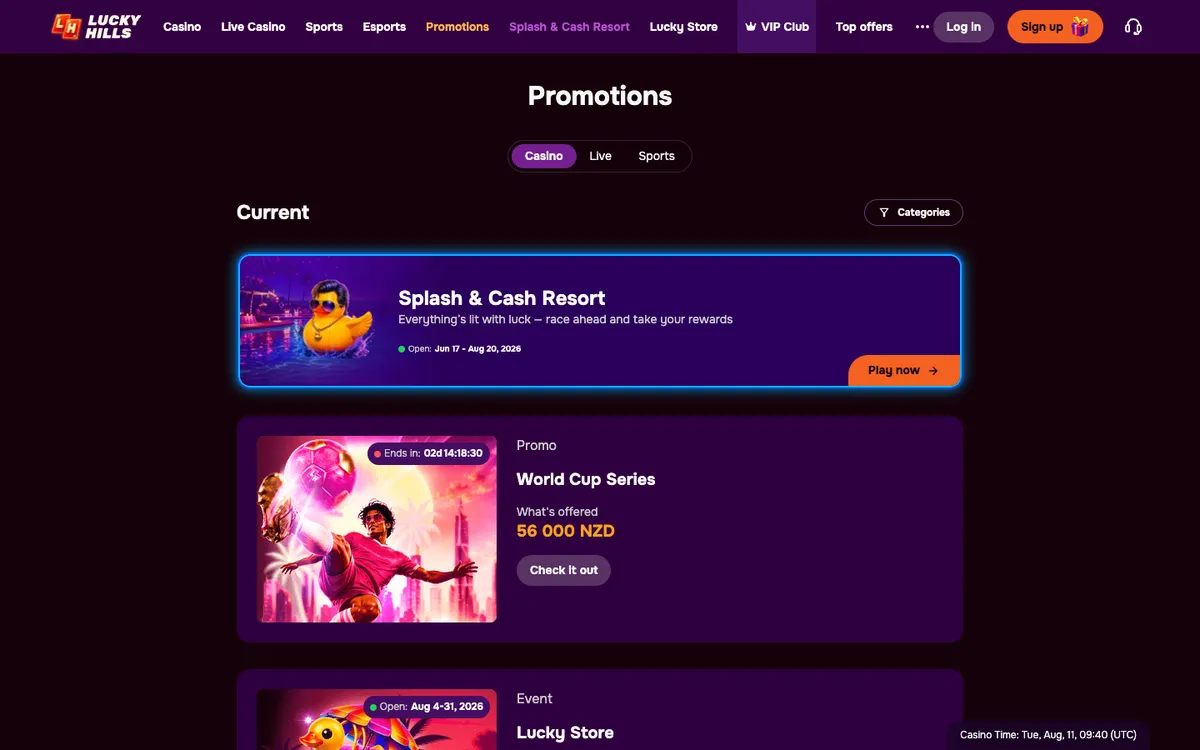 LuckyHills Casino — Promotions, captured from New Zealand