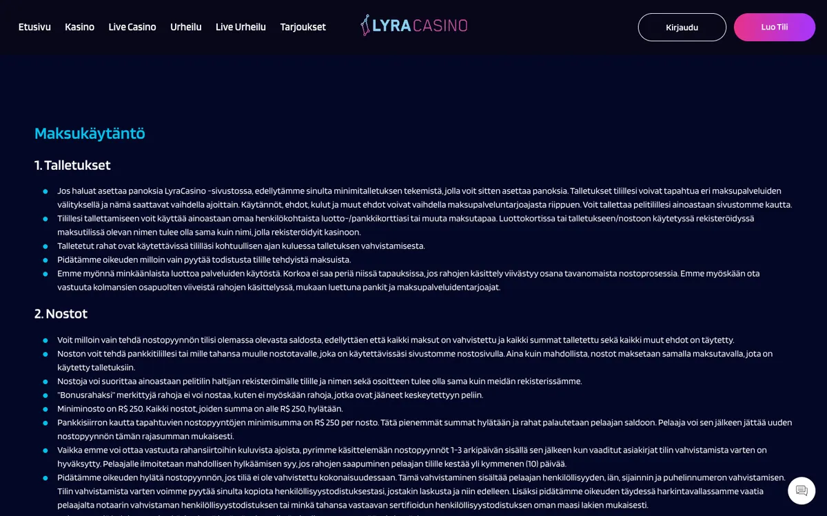 LyraCasino — «Платежи», снято из страны Финляндия