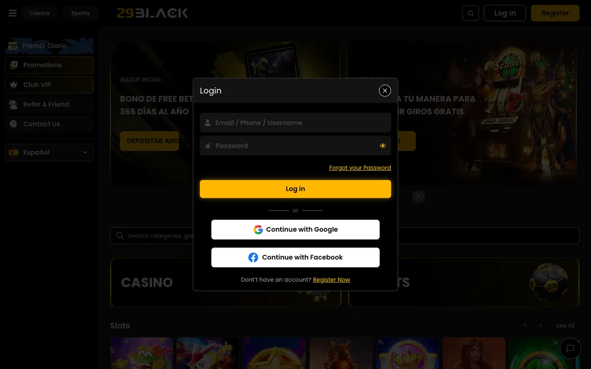 29Black Casino — «Регистрация», снято из страны Испания