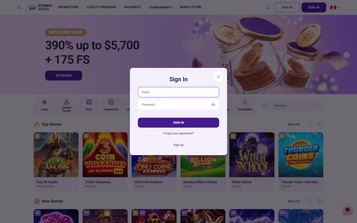 Crownslots Casino — Sign-up, captured from Canada