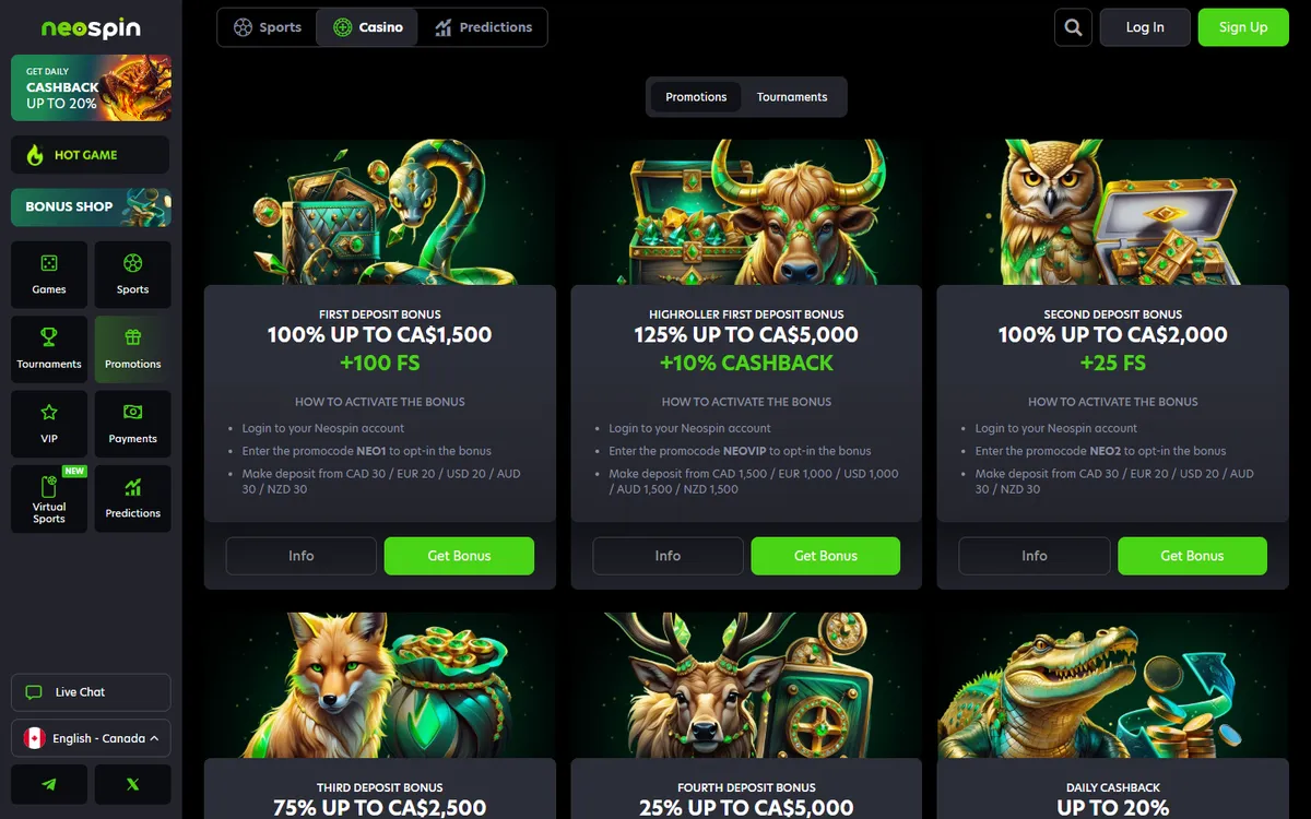 Neospin Casino — Promotions, captured from Canada