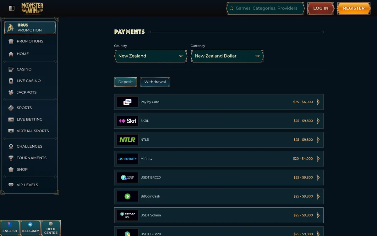 Monsterwin Casino — «Платежи», снято из страны Новая Зеландия