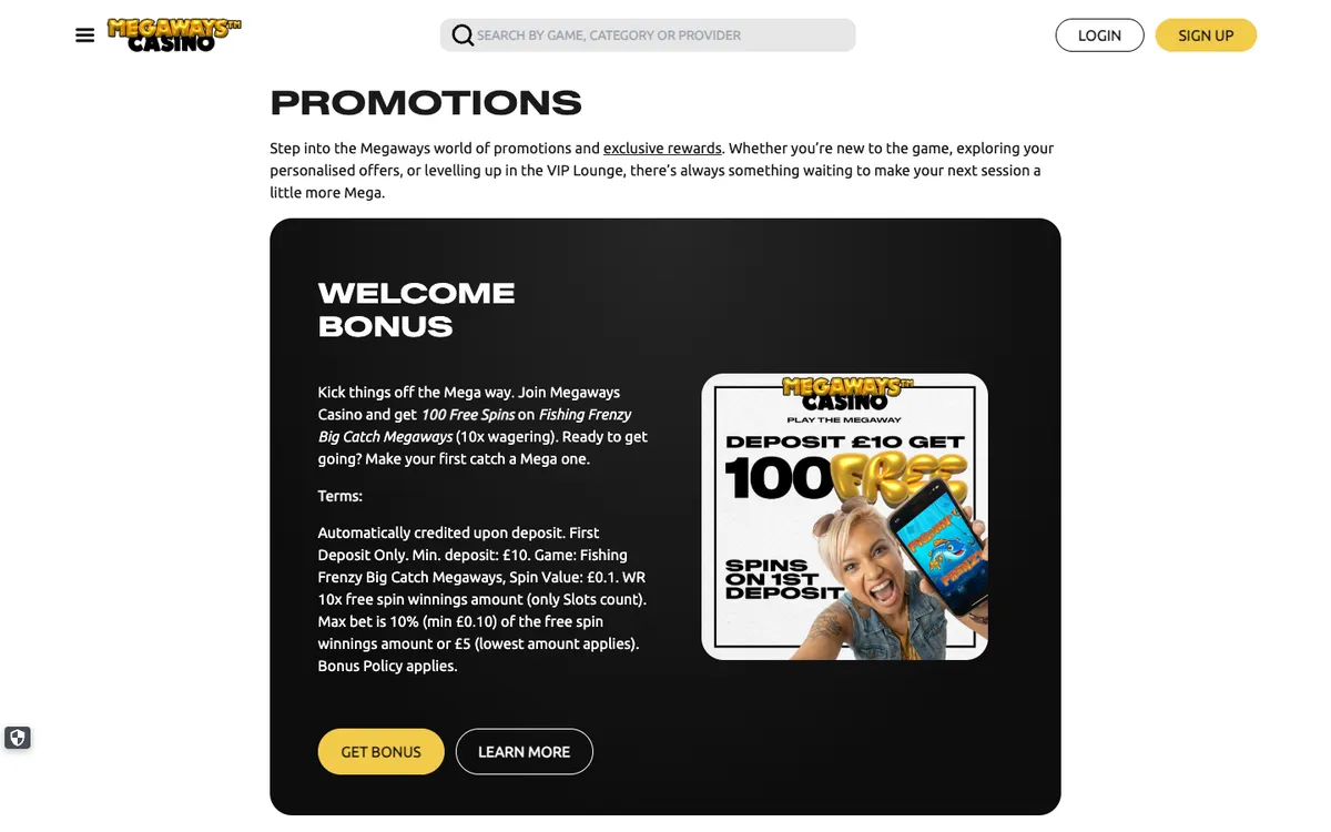 Megaways Casino — «Акции», снято из страны Великобритания