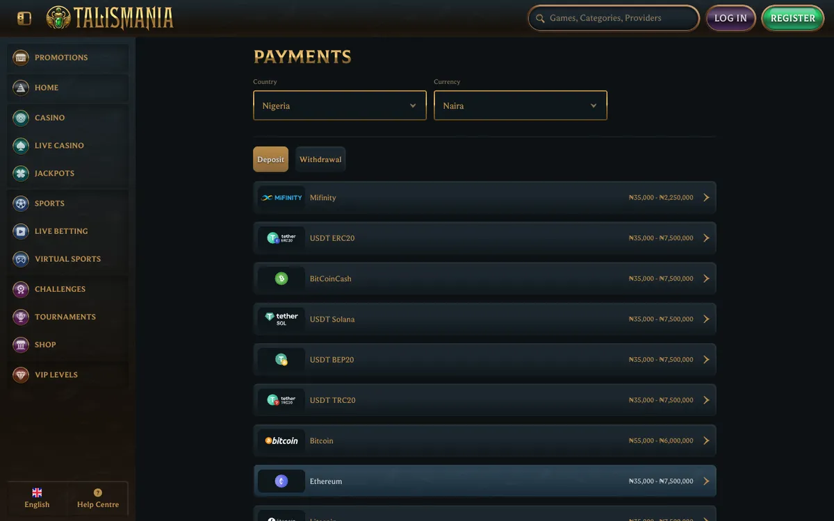 Talismania Casino — Payments, captured from Nigeria