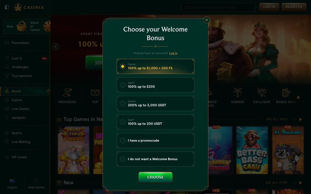 Casinia Casino — «Регистрация», снято из страны Новая Зеландия