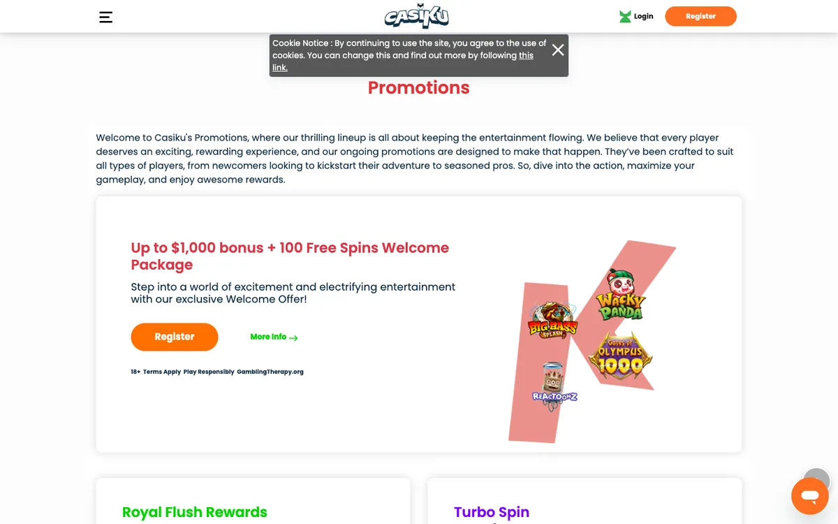 Casiku Casino — Promotions, captured from New Zealand