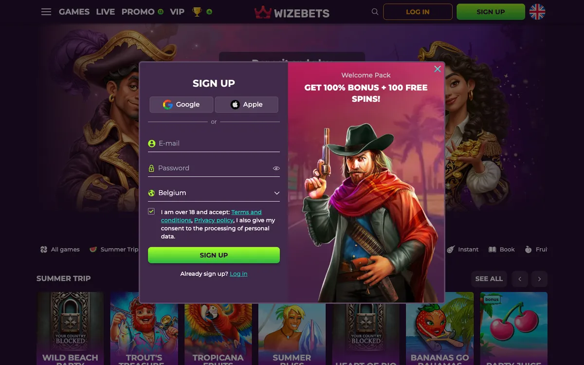 Wizebets Casino — Sign-up, captured from Belgium
