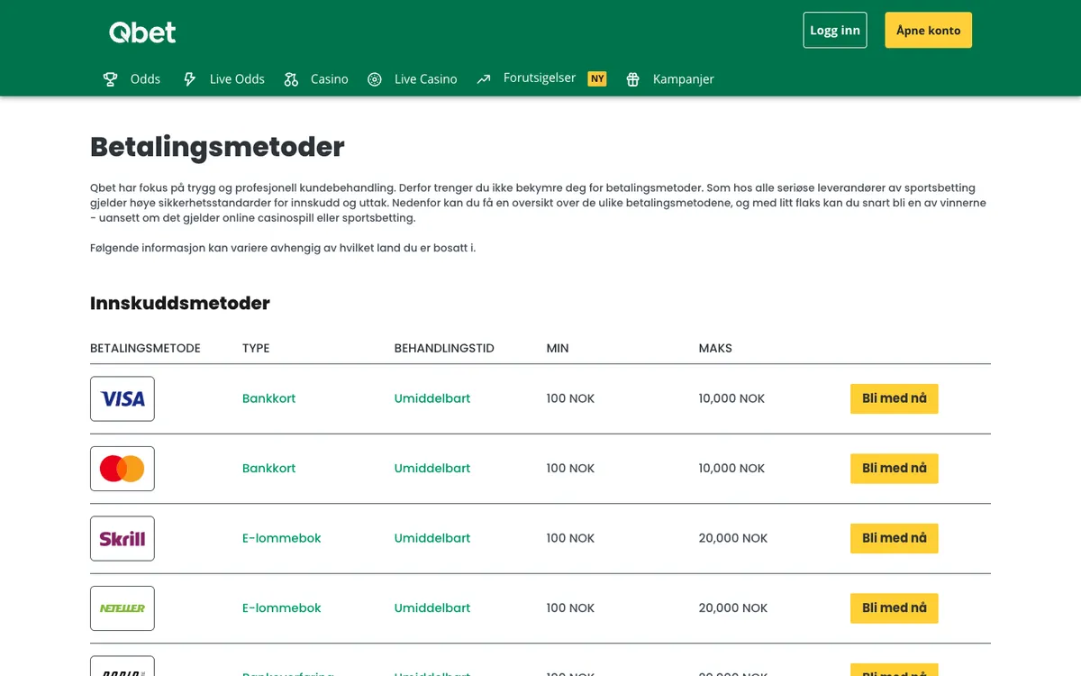 Qbet Casino — Payments, captured from Norway