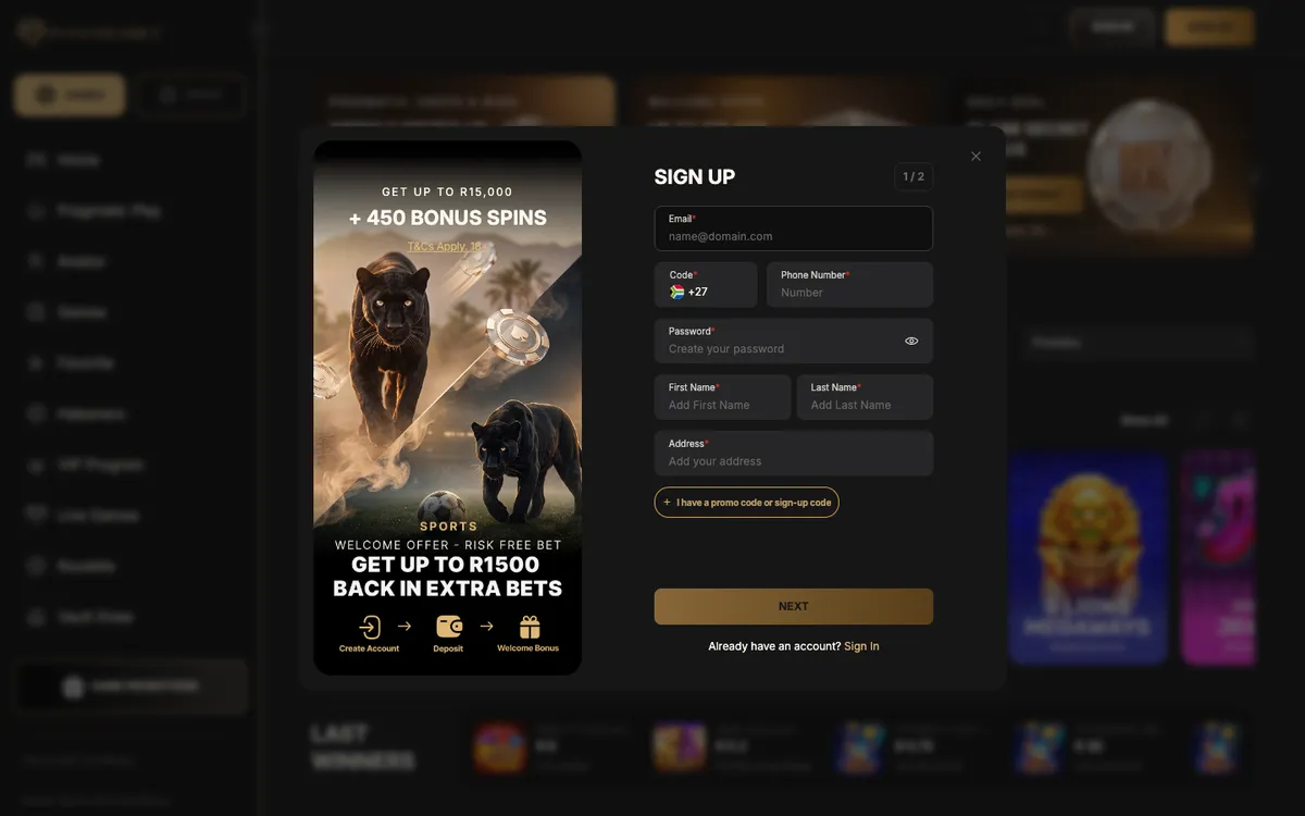 PantherBet Casino — Sign-up, captured from South Africa