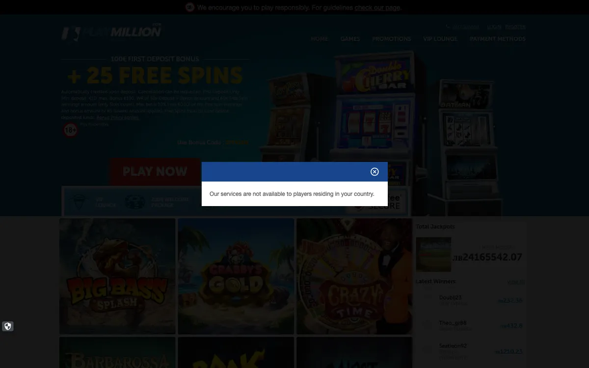 Play Million Casino — «Регистрация», снято из страны Болгария