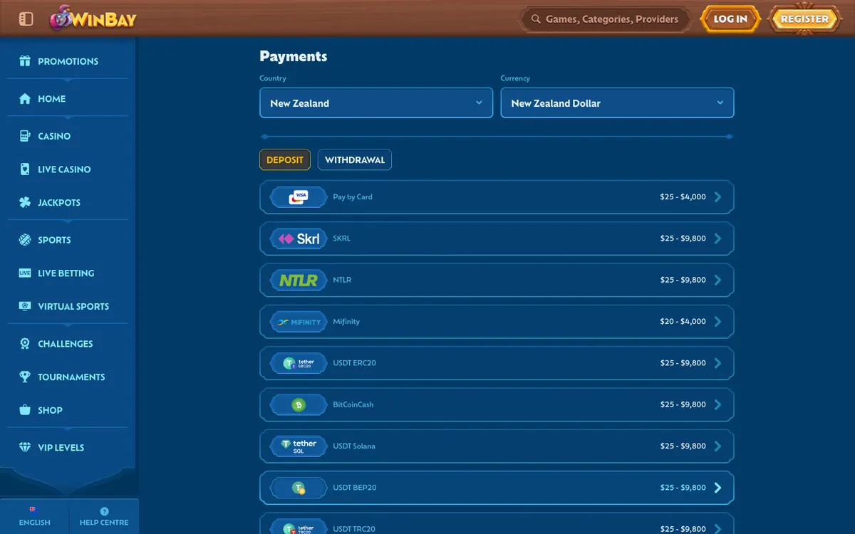 Winbay Casino — «Платежи», снято из страны Новая Зеландия