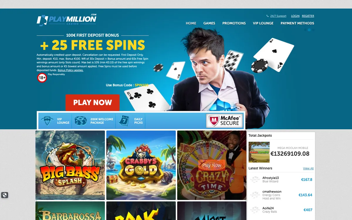 Play Million Casino — Home page, captured from Slovenia