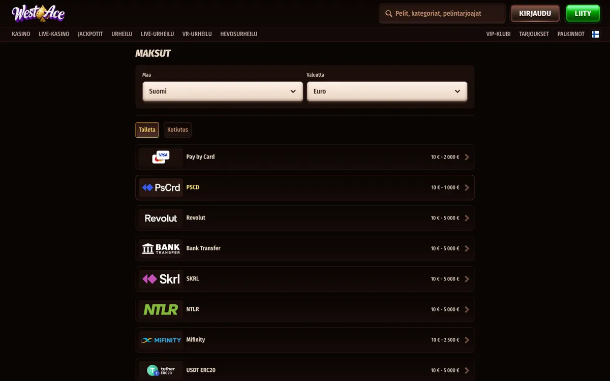 Westace Casino — Payments, captured from Finland