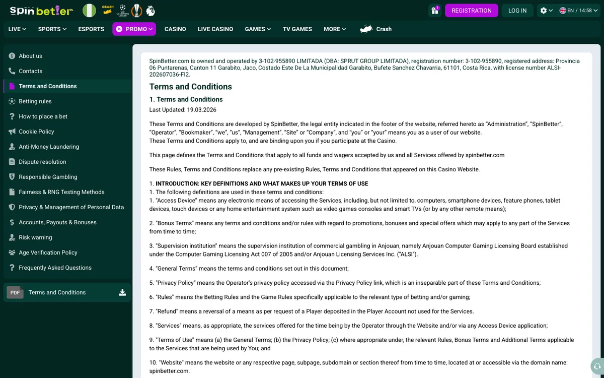 SpinBetter Casino — Payments, captured from Nigeria